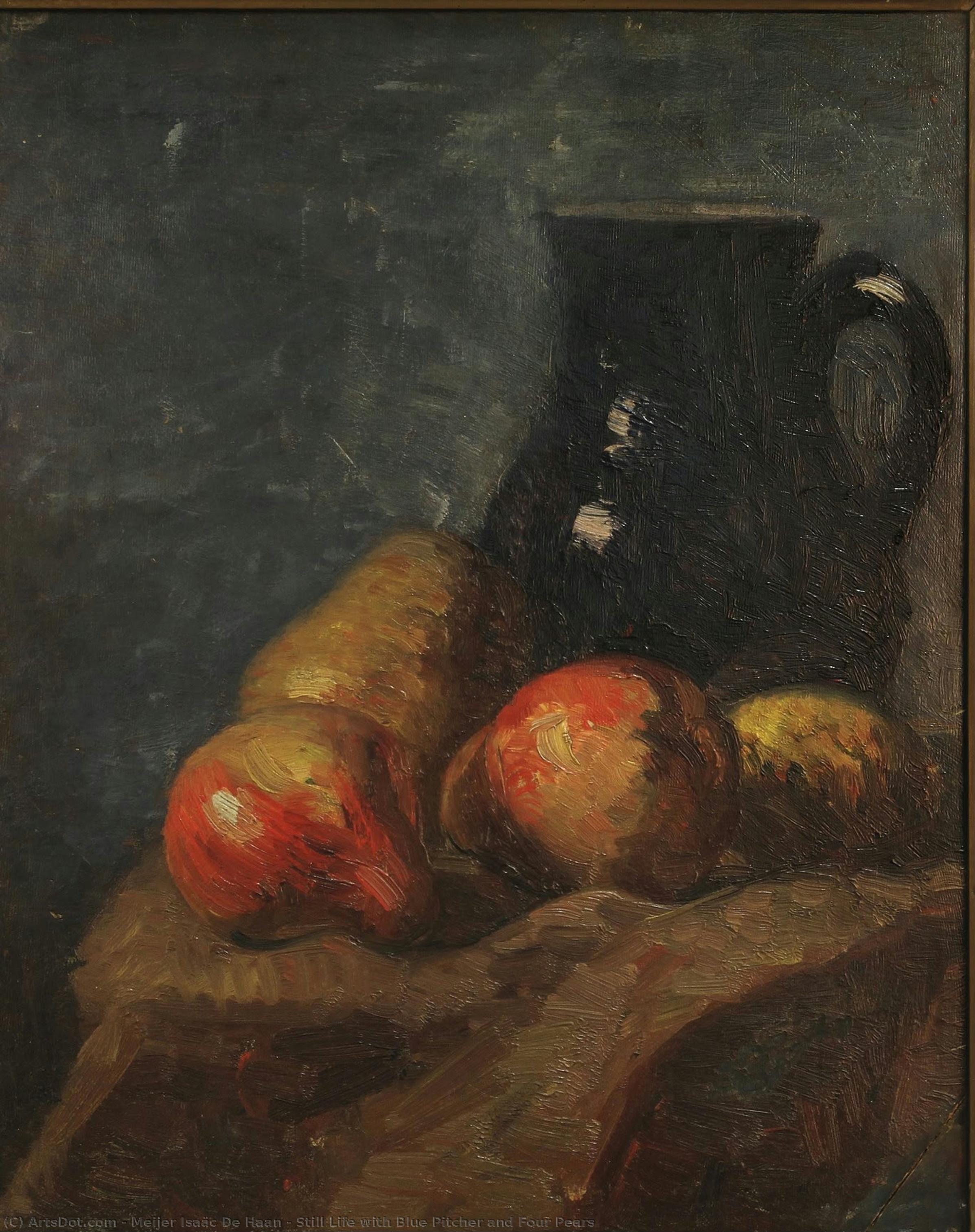 Still Life With Blue Pitcher And Four Pears — Meijer Isaäc De Haan