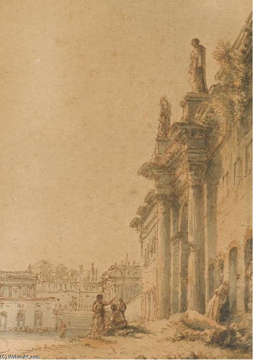 A Capriccio Palace With Temple And Two Figures In The Foreground — Victor Jean Nicolle