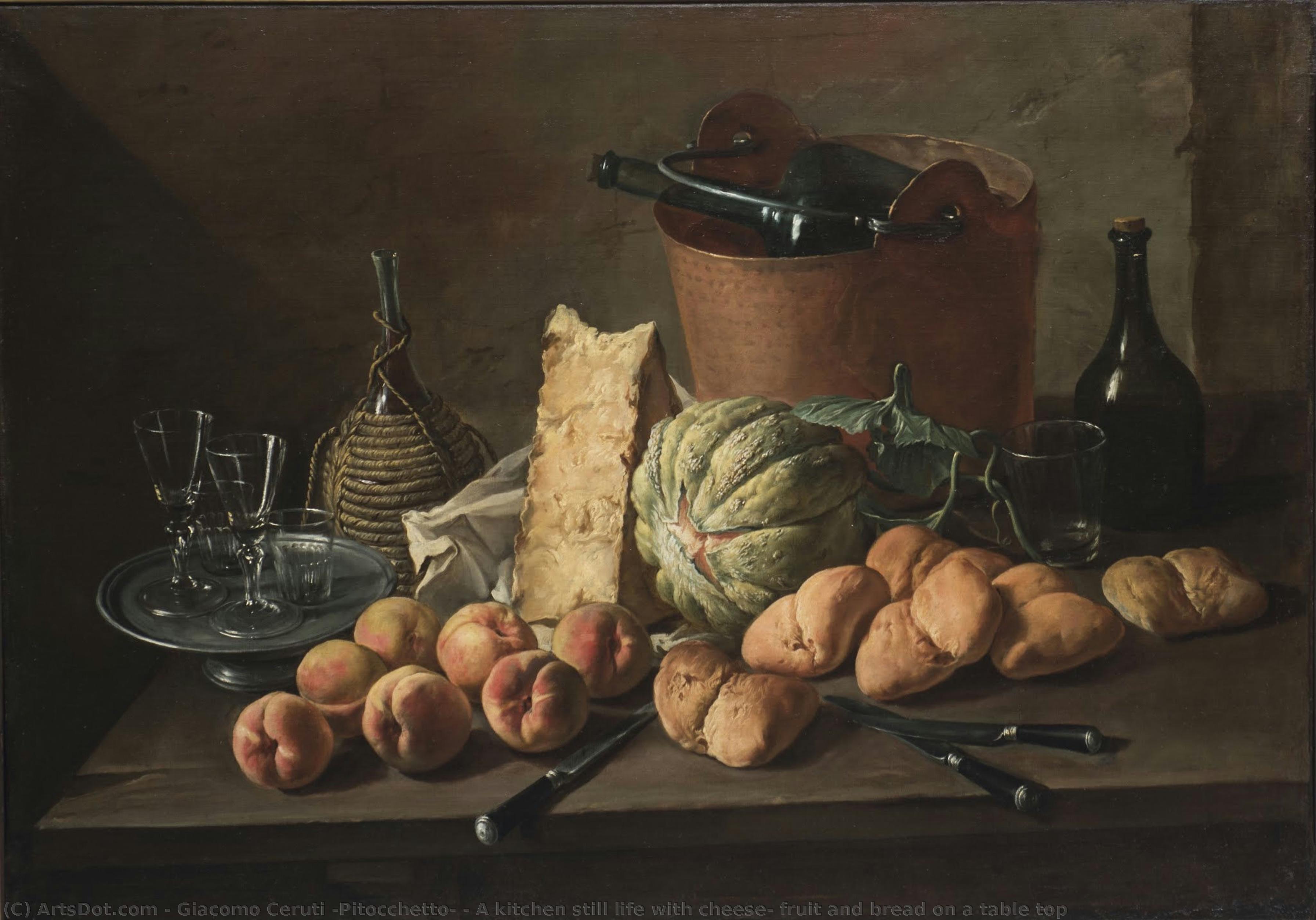 A Kitchen Still Life With Cheese, Fruit And Bread On A Table Top — Giacomo Ceruti (pitocchetto)