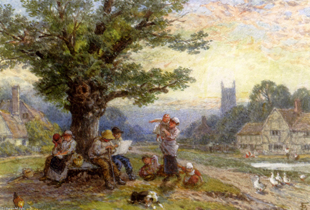 Figures And Children Beneath A Tree In A Village — Myles Birket Foster