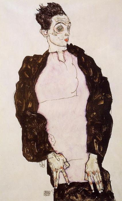 Self Portrait In Lavender And Dark Suit, Standing — Egon Schiele