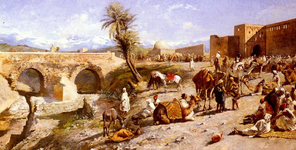 The Arrival Of A Caravan Outside Marakesh, The Mountains Of Atlas In The Distance — Edwin Lord Weeks