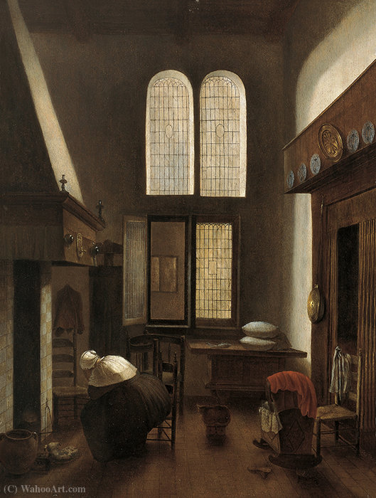 Interior With A Woman Seated By A Hearth — Jacobus Vrel