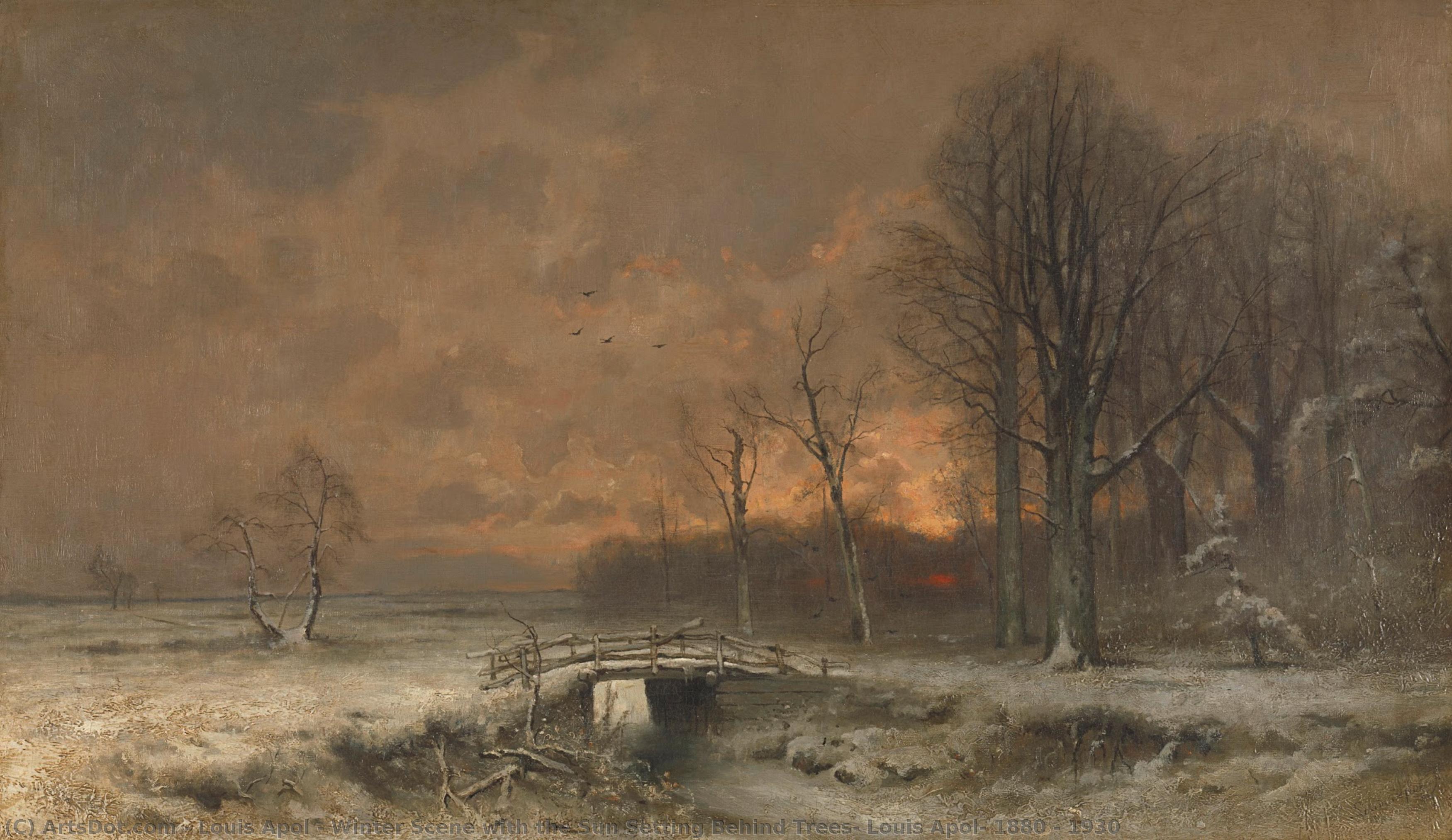 Winter Scene With The Sun Setting Behind Trees, Louis Apol, 1880 - 1930 — Louis Apol