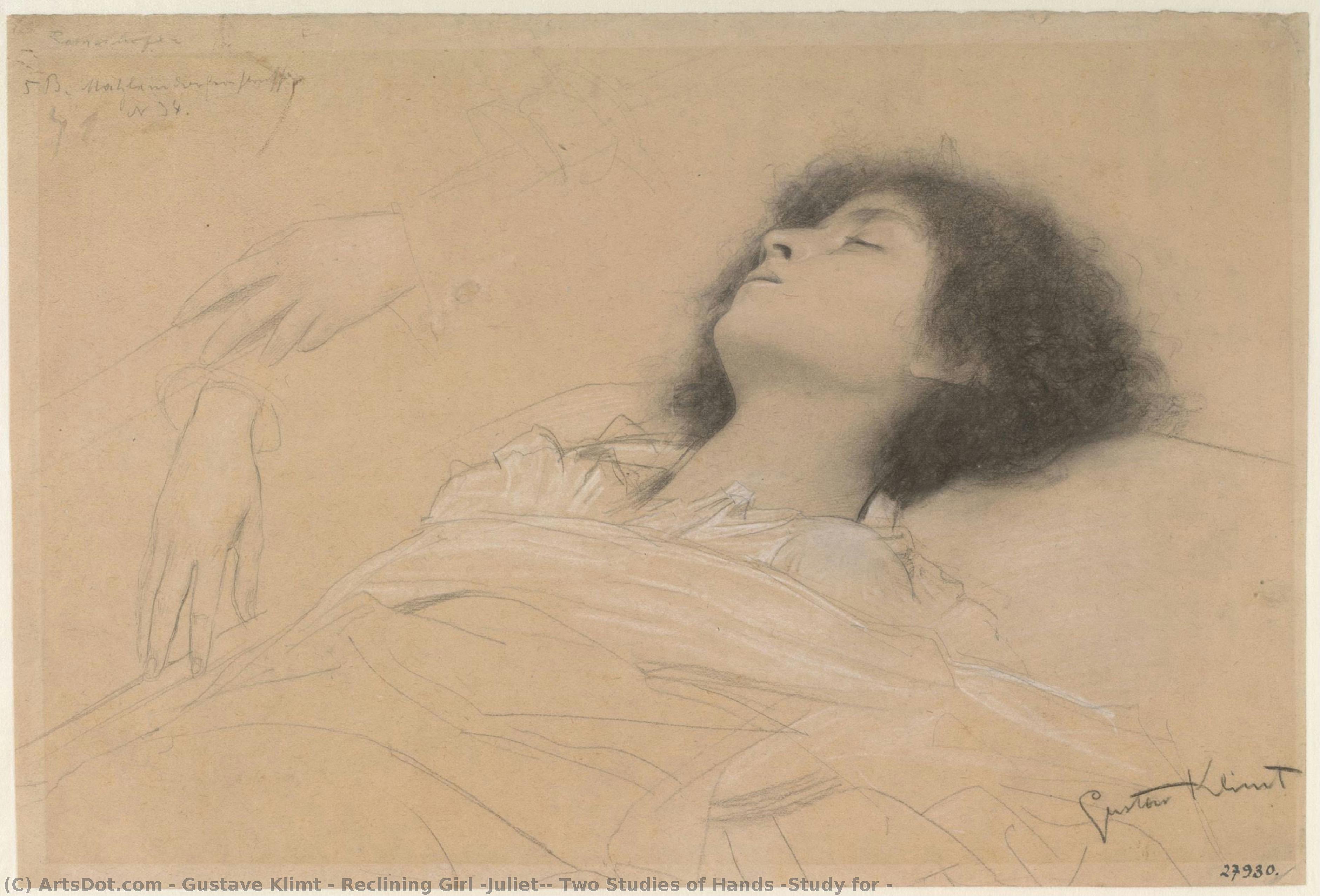 Reclining Girl (juliet); Two Studies Of Hands (study For — Gustav Klimt