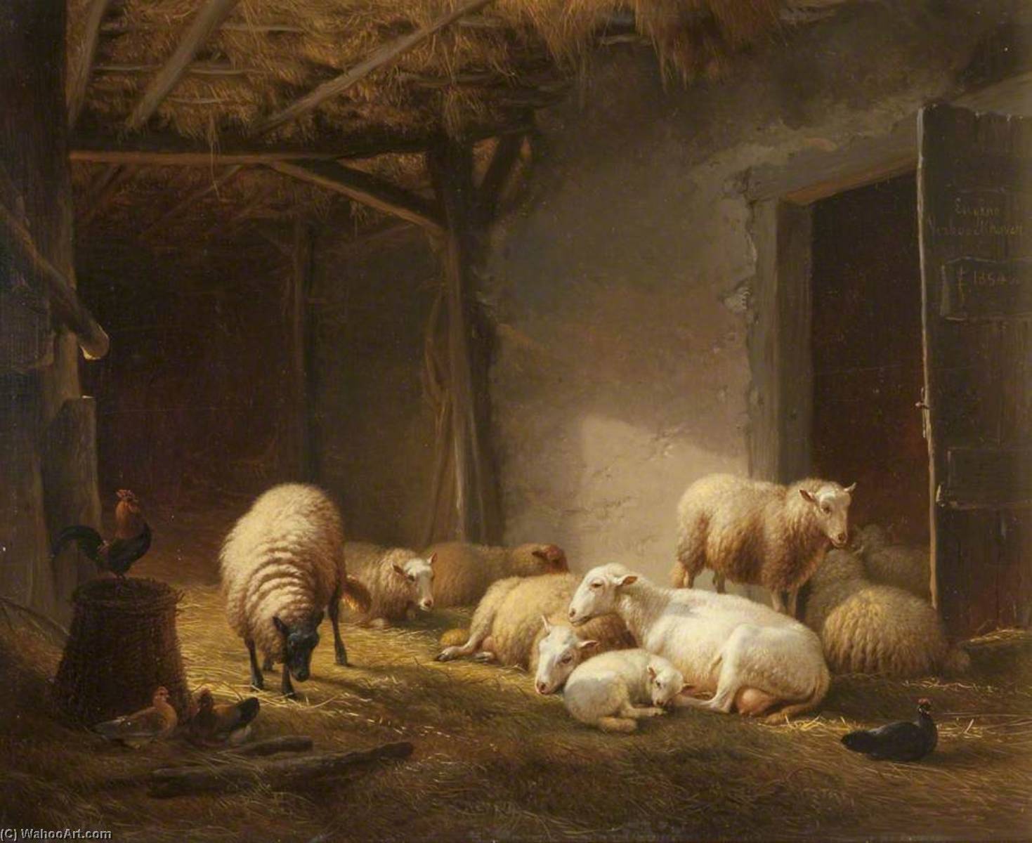 A Sunlit Barn With Ewes, Lambs And Chickens — Eugène Joseph Verboeckhoven