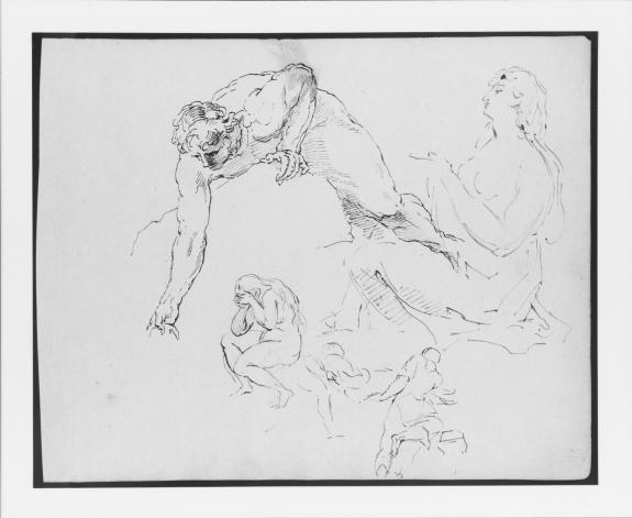 Nude Man Leaning Over Rock; Seated Female Figure; Seated Nude Female Figure With Hands To Face; Two Men Carrying Dead Body — Thomas Sully