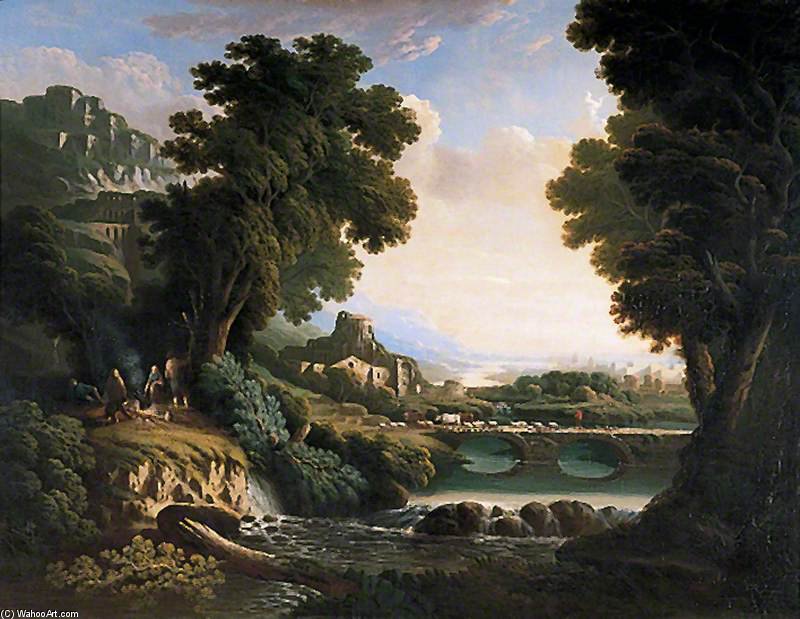River Landscape With Foreground Figures Around A Fire, A River And A Bridge In The Distance — Abraham Pether
