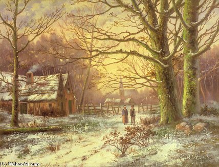 Figures On A Path Before A Village In Winter — Johannes Hermann Barend Koekkoek