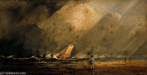 A Figure Standing On A Beach With Shipping Beyond — Anthony Vandyke Copley Fielding