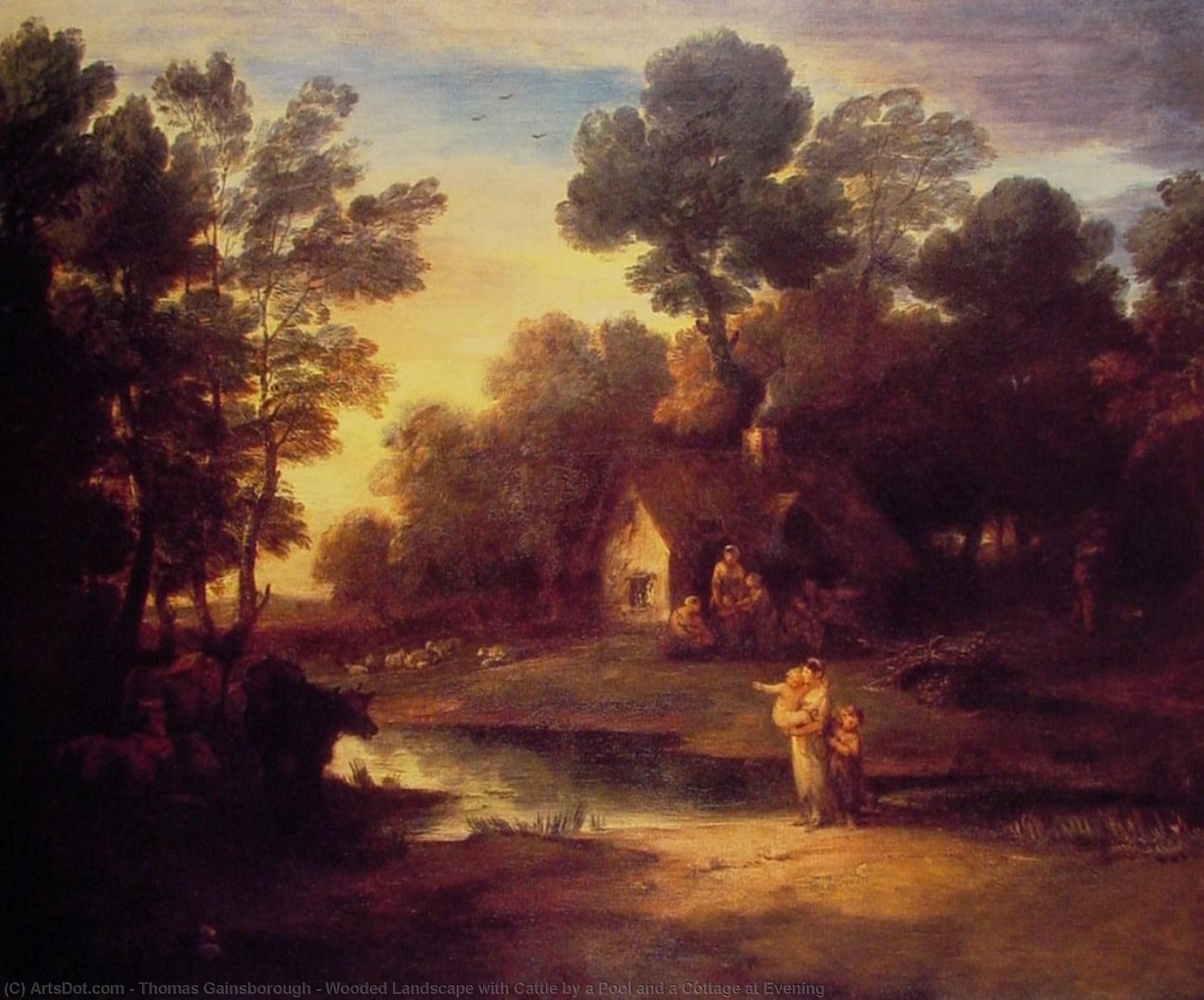 Wooded Landscape With Cattle By A Pool And A Cottage At Evening — Thomas Gainsborough