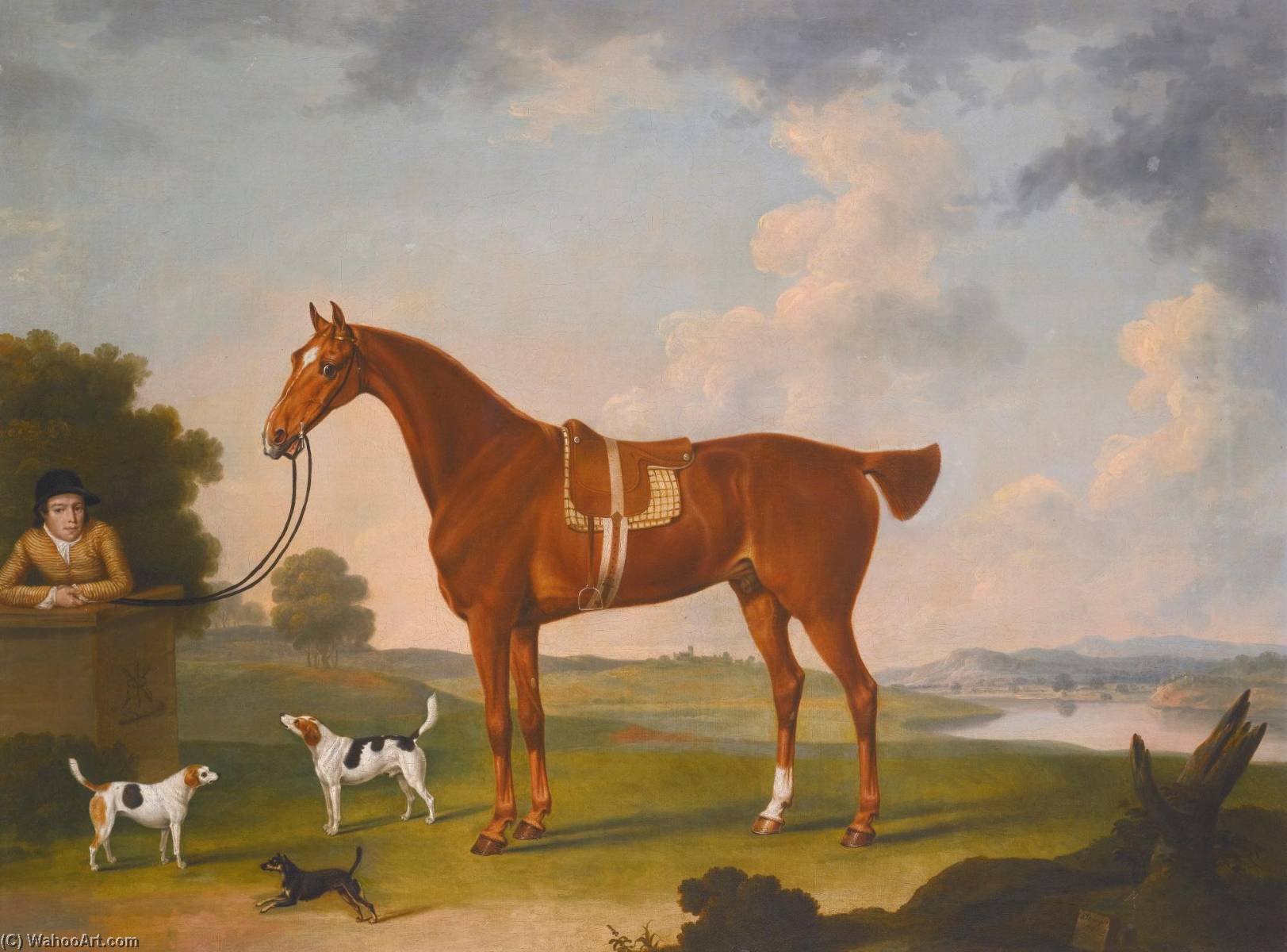 Thomas Egerton's Chestnut Hunter With A Groom And Two Hounds And A Terrier In A River Landscape — Thomas Stringer