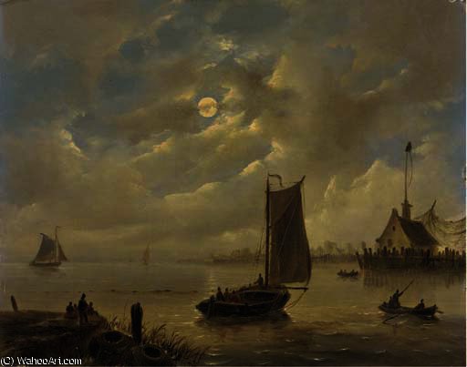 Approaching A Harbour Town By Moonlight — Govert Van Emmerik