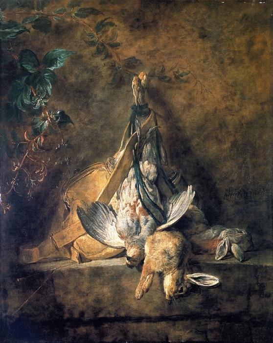 Two Rabbits, A Grey Partridge, Game Bag And Powder Flask — Jean-baptiste-siméon Chardin