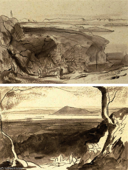 View Of Amaxichi And The Fort, Santa Maura; And View Of Corfu From The Benitza Road, Near Gastouri, Corfu — Edward Lear