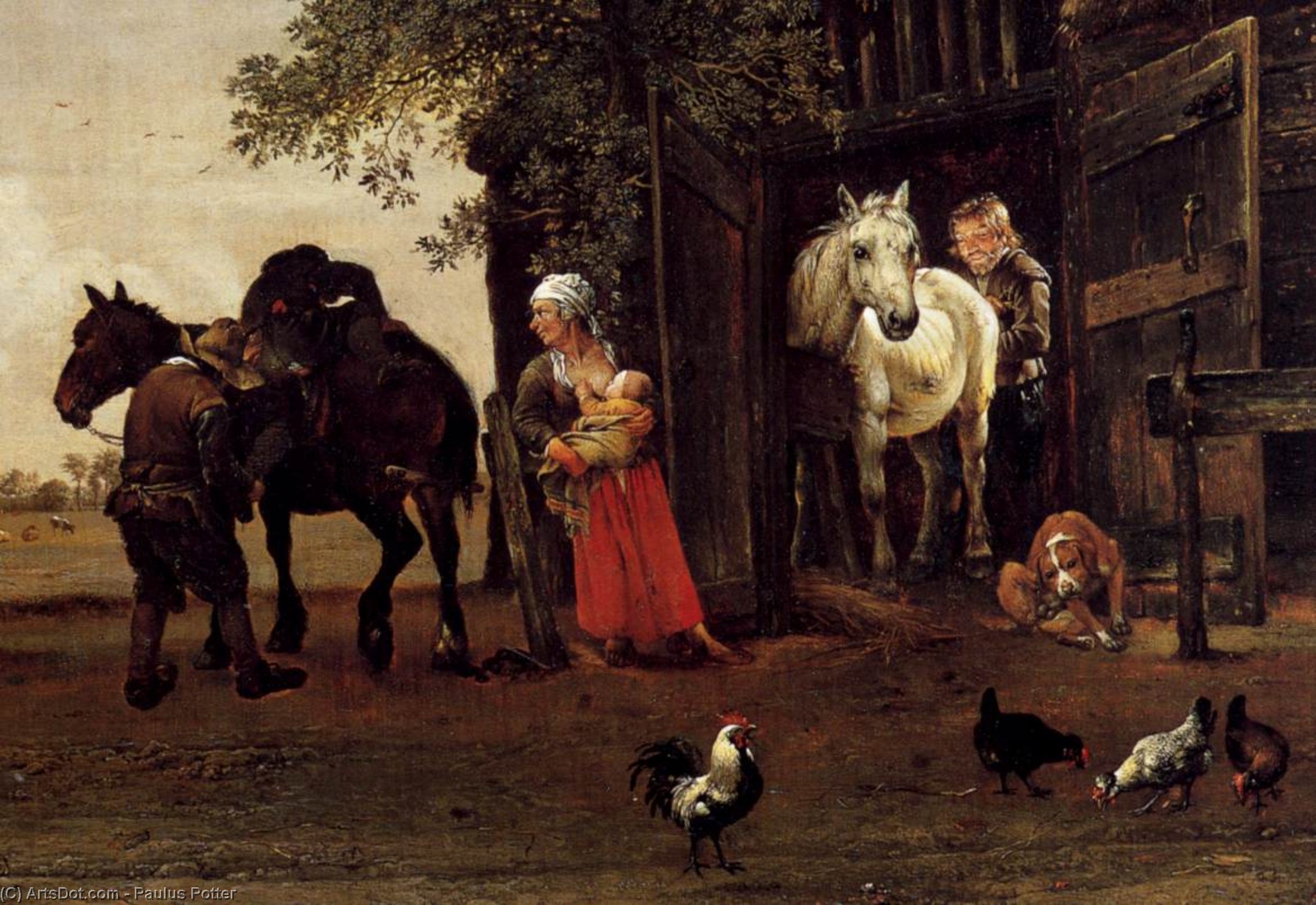 Figures With Horses By A Stable (detail) — Paulus Potter
