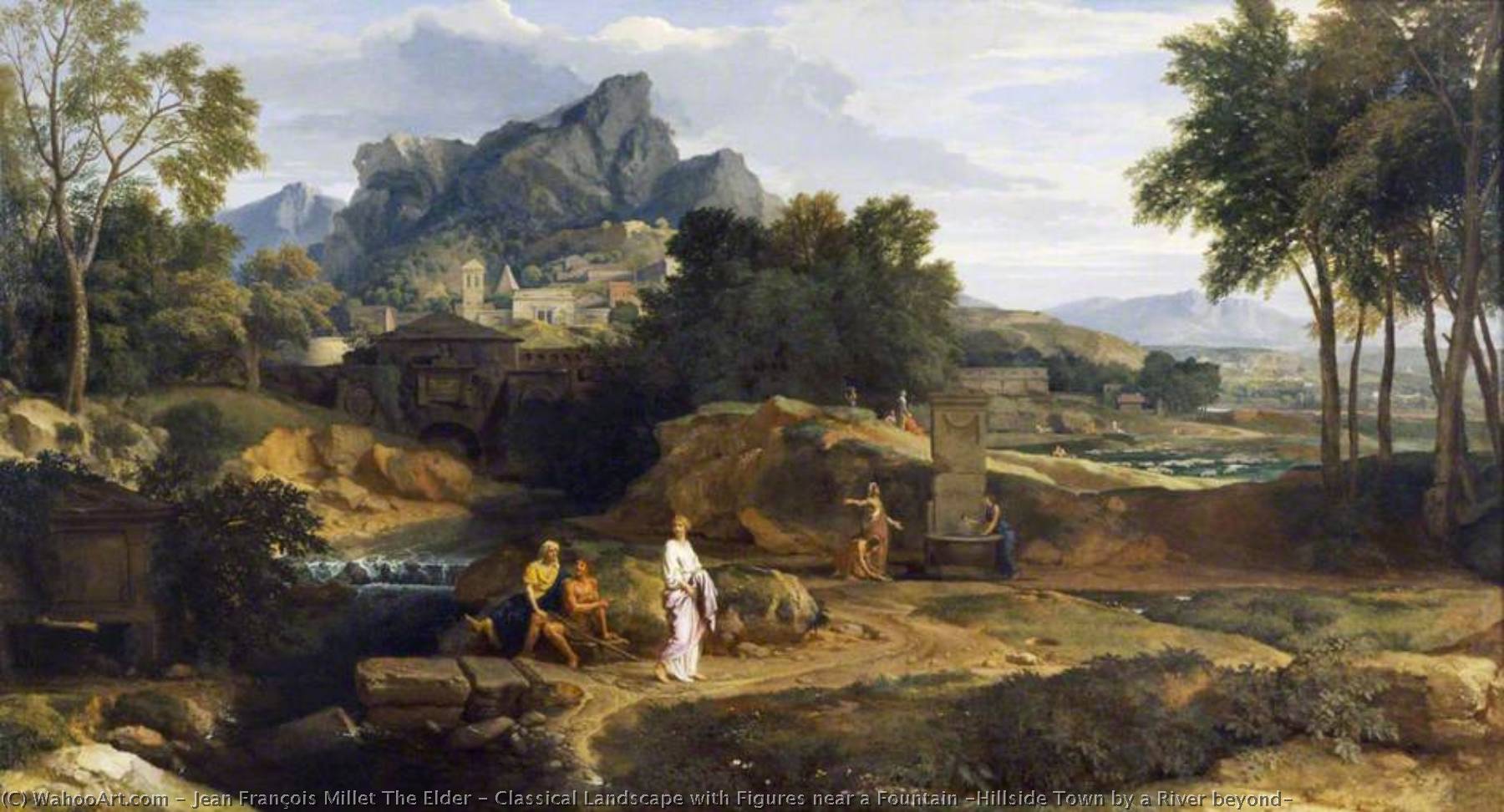 Classical Landscape With Figures Near A Fountain (hillside Town By A River Beyond) — Jean François Millet The Elder