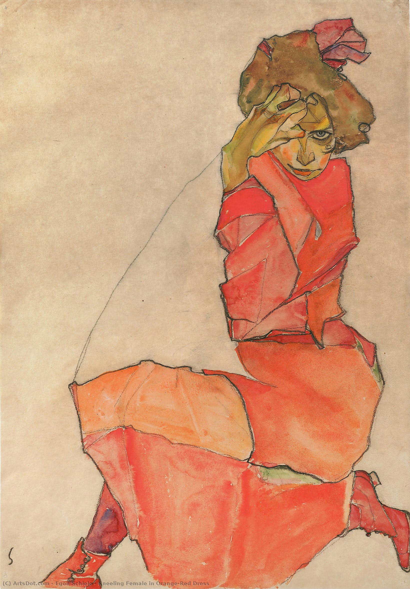 Kneeling Female In Orange-red Dress — Egon Schiele