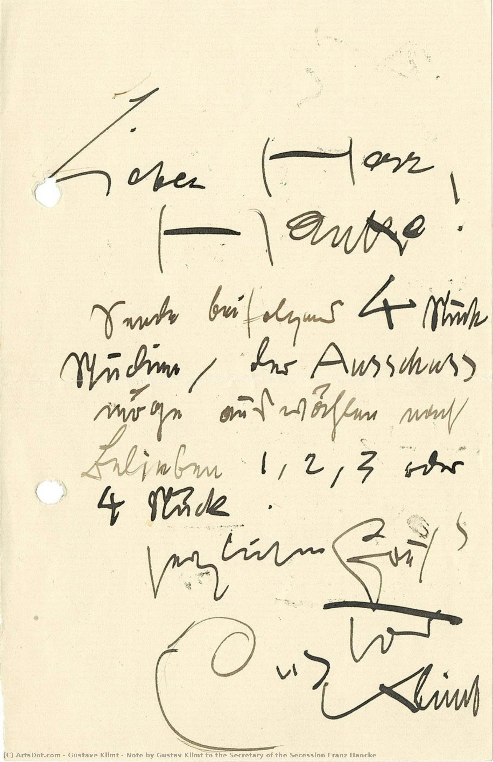 Note By Gustav Klimt To The Secretary Of The Secession Franz Hancke — Gustav Klimt