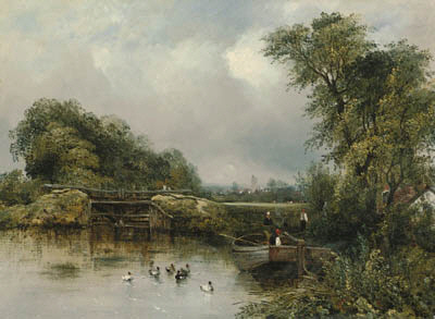 A Wooded River Landscape With A Barge By A Lock, A Village Beyond — Frederick Waters (william) Watts