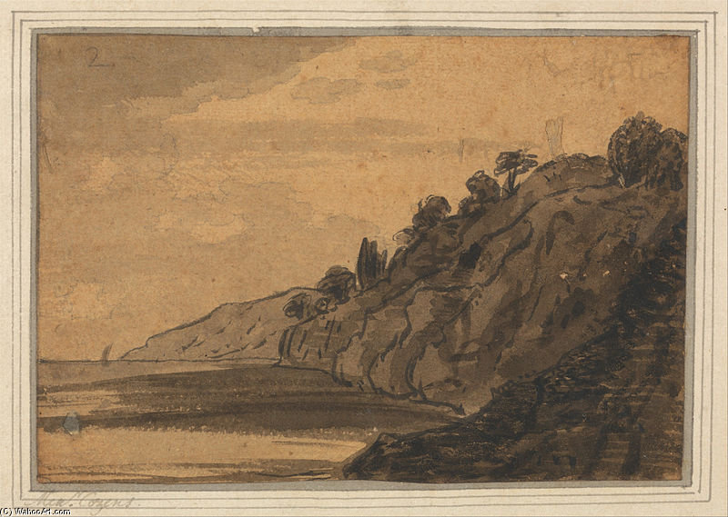 Coastal Scene With Wooded Cliff — Alexander Cozens
