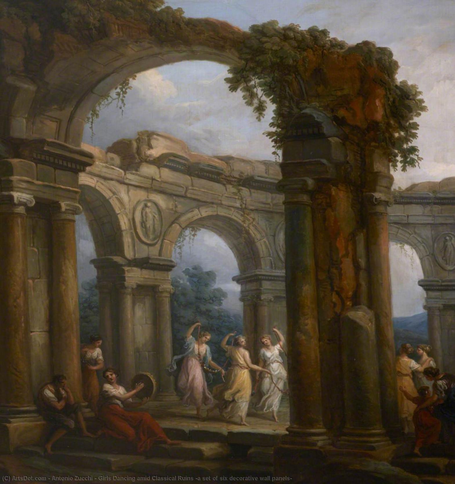 Girls Dancing Amid Classical Ruins (a Set Of Six Decorative Wall Panels) — Antonio Zucchi