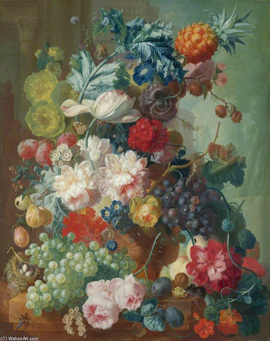 Fruit And Flowers In A Terracotta Vase — Jan Van Os