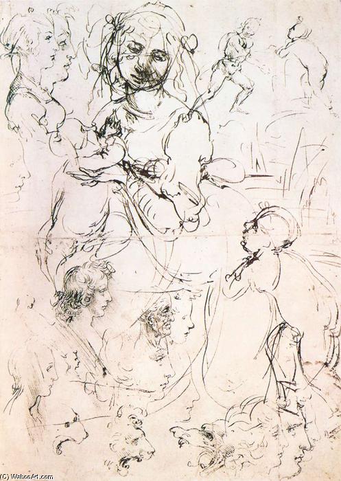 Study Of Nursing Madonna And Profile Heads — Leonardo Da Vinci