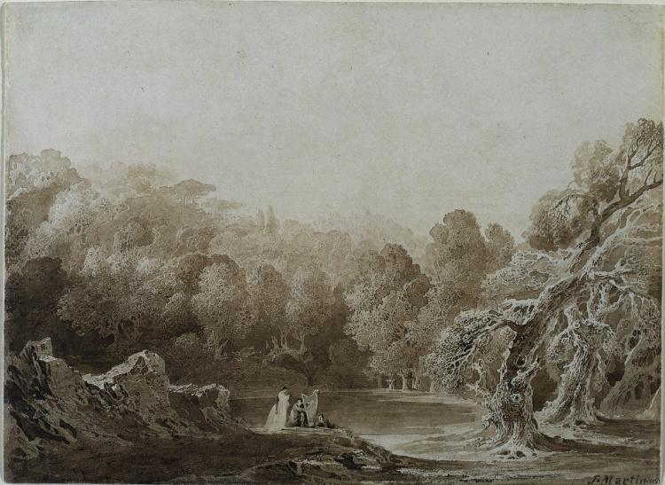 A Man Playing A Harp With Other Figures Beside A Lake — John Martin
