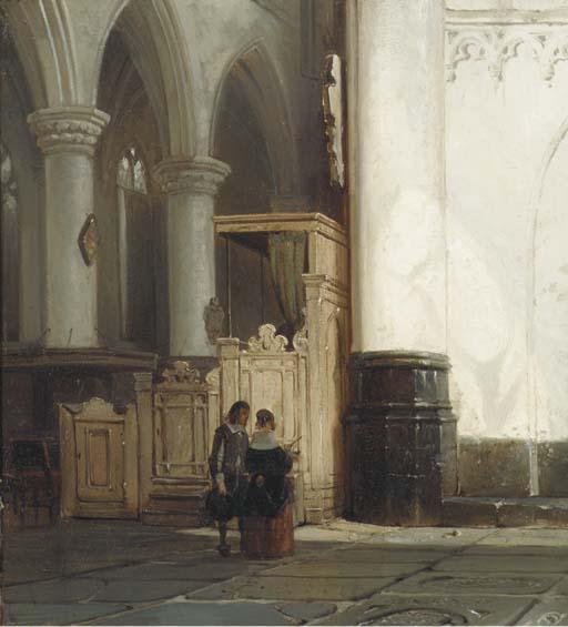 Church Interior With An Elegant Couple — Cornelis Springer