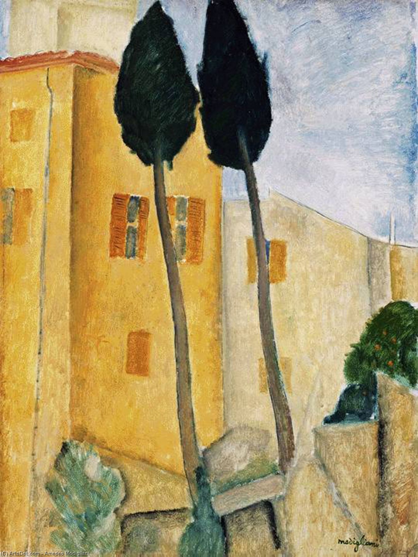 Cypress Trees And Houses — Amedeo Clemente Modigliani