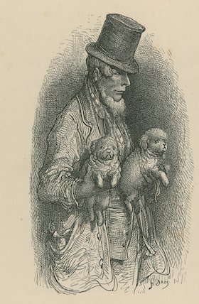 A Man Wearing A Top Hat While Holding Two Dogs In His Hands — Paul Gustave Doré