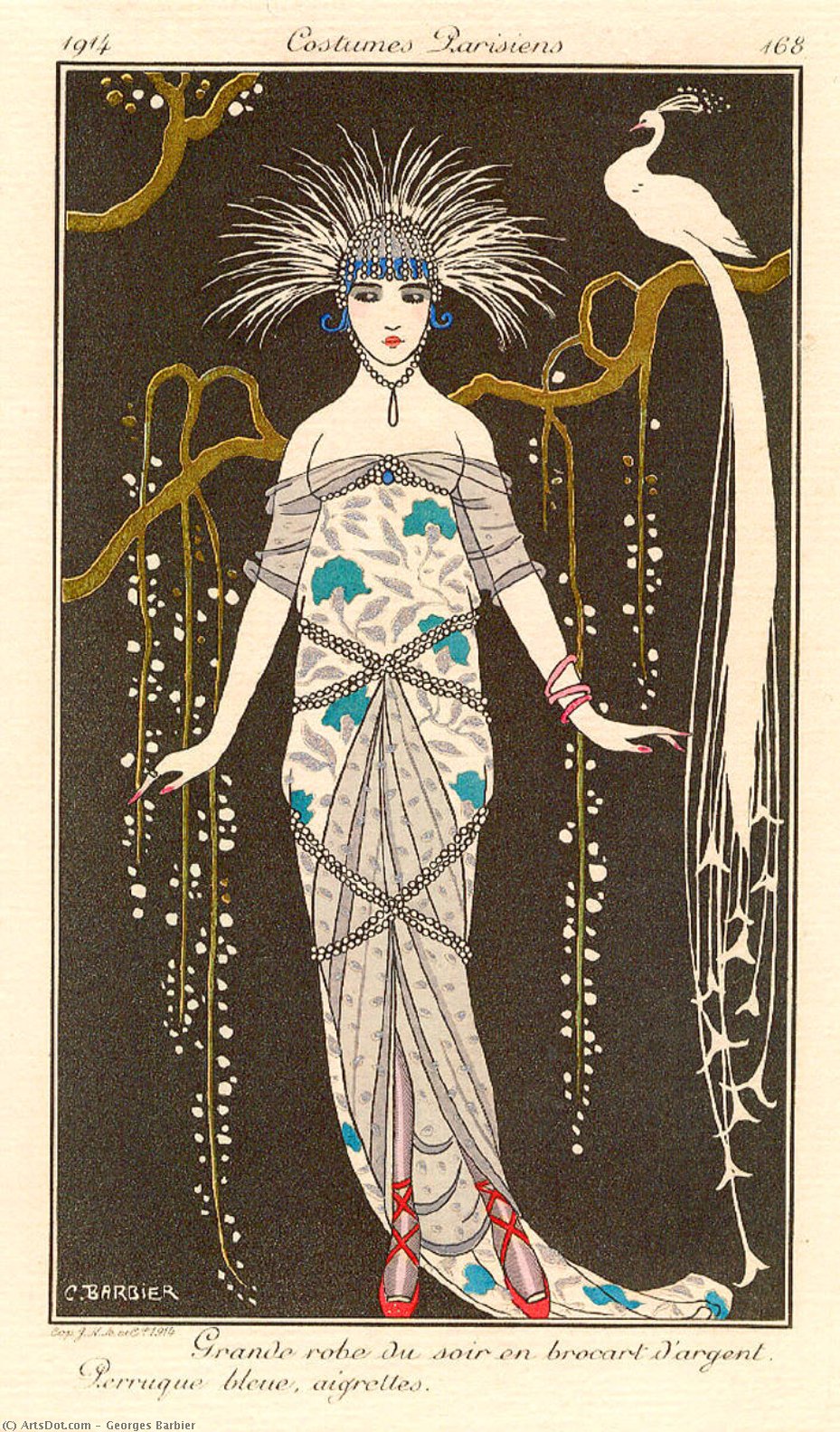Grande Robe Du Soir En Brocart D'argent — Georges Barbier