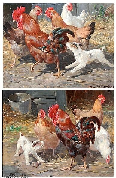 Chickens And Puppies In A Farmyard, And Another Similar, A Pair, — Claude Cardon