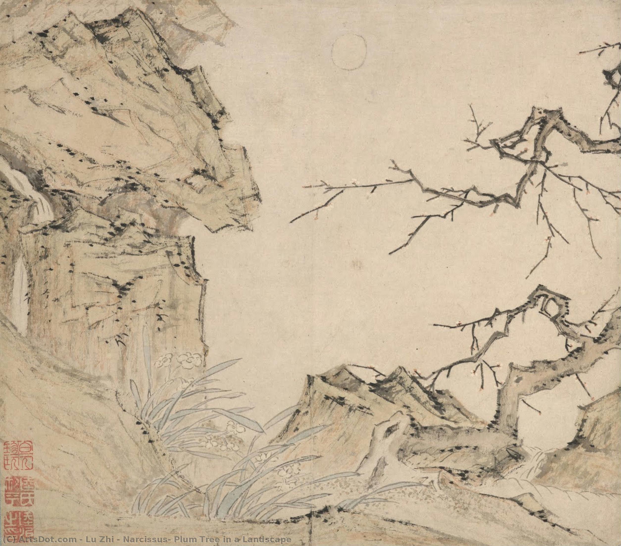Narcissus, Plum Tree In A Landscape — Lu Zhi