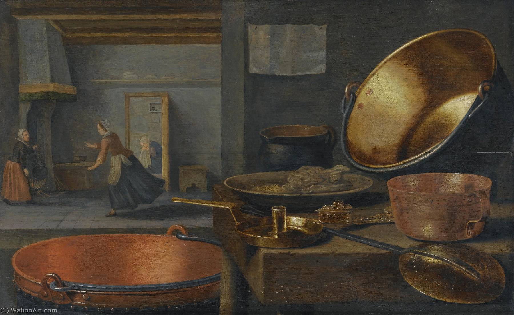 A Kitchen Still Life With Pots And Pans On A Stone Ledge And Animated Figures In The Background — Floris Van Schooten