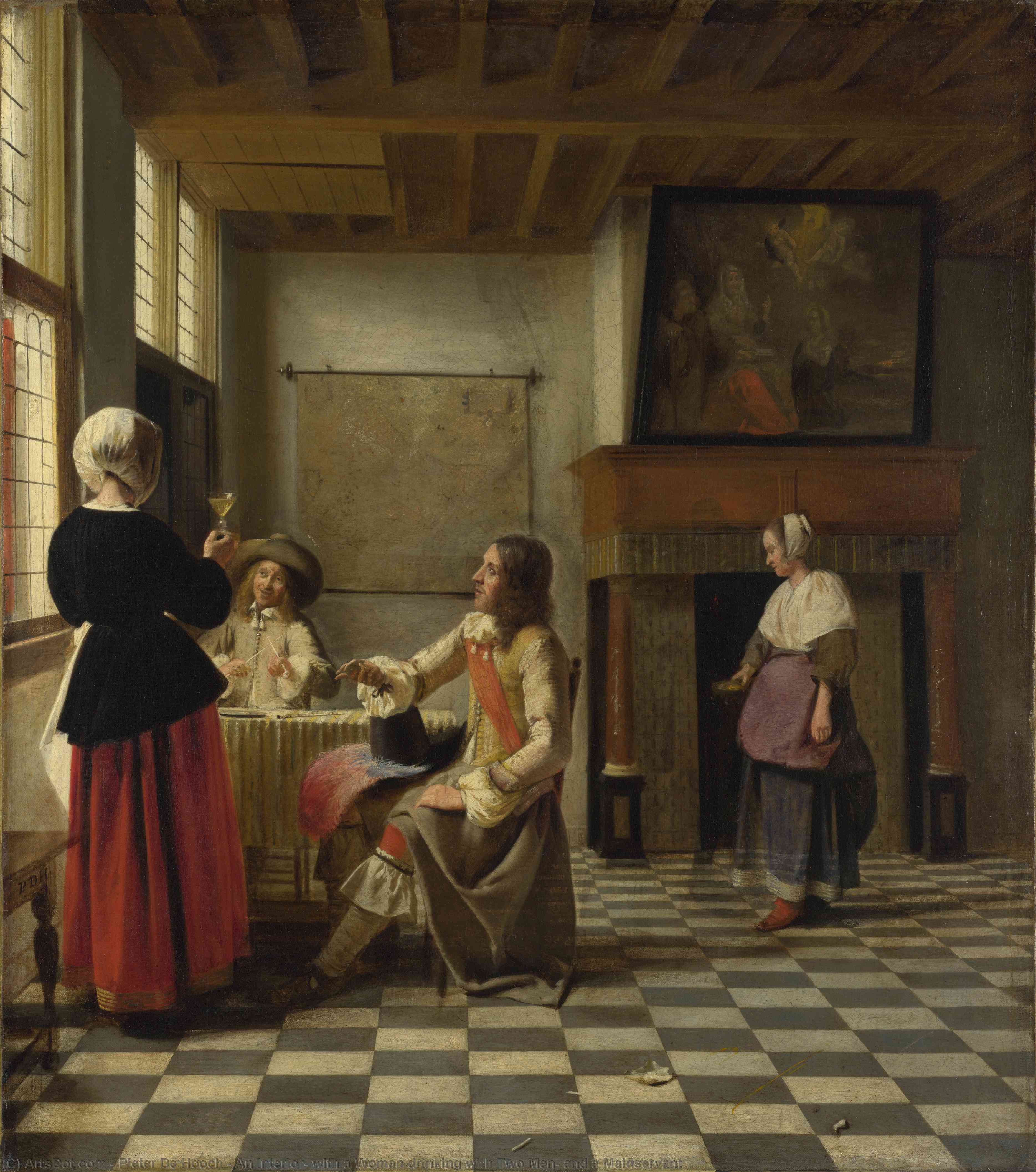 An Interior, With A Woman Drinking With Two Men, And A Maidservant — Pieter De Hooch