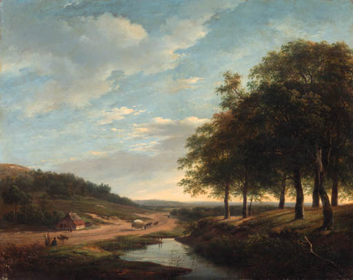 An Extensive Summer Landscape With Travellers And A Hay-wagon On A Sandy Track — Andreas Schelfhout
