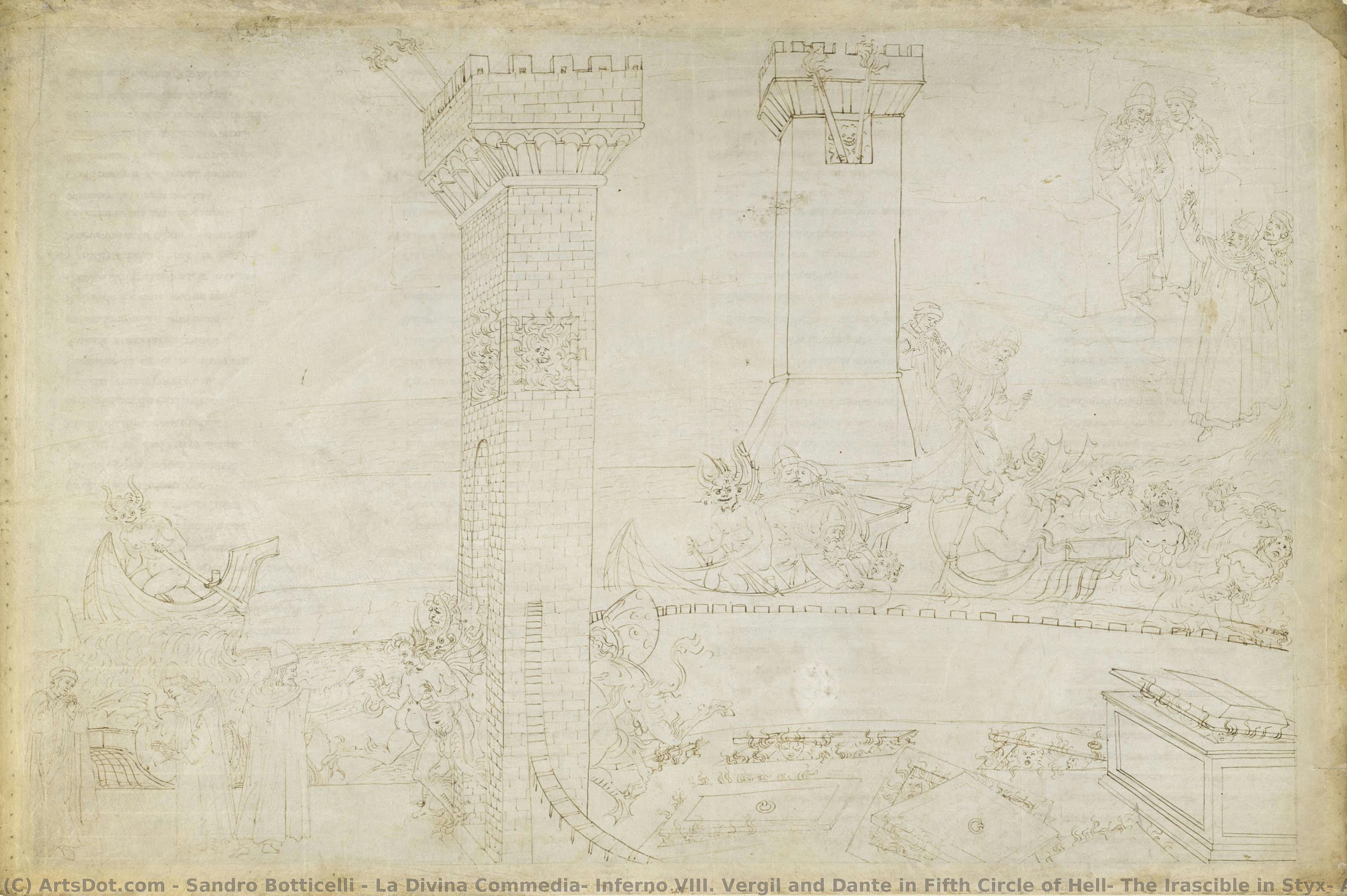 La Divina Commedia, Infierno Viii. Virgilio Y Dante En El Quinto Círculo Del Infierno: El Irascible En El Estigio; En Las Puertas De La Ciudad De Dis — Sandro Botticelli