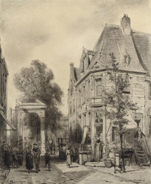A Busy Street In Weesp — Cornelis Springer
