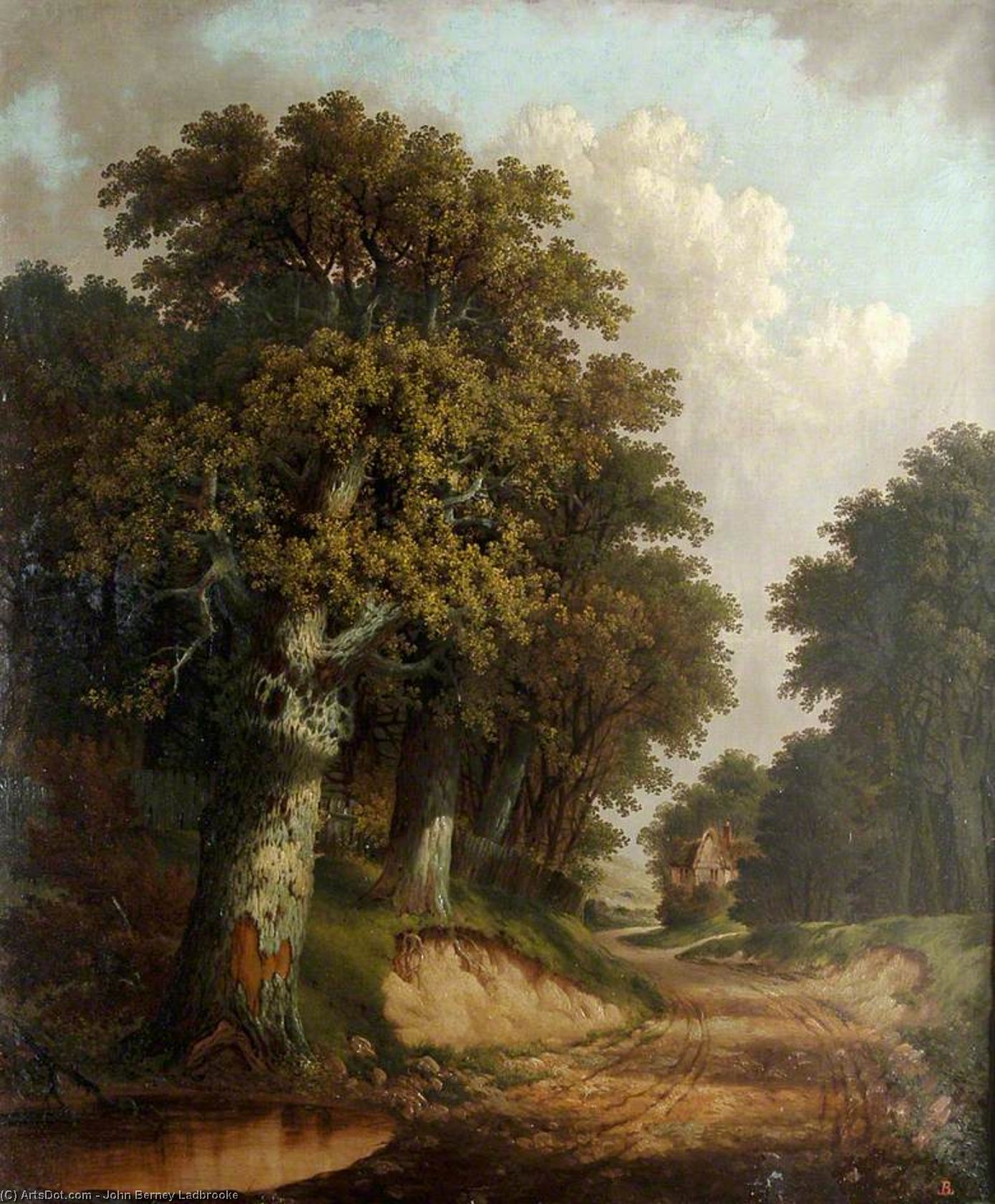 Landscape With Trees, Cottage, Winding Lane And Pond — John Berney Ladbrooke