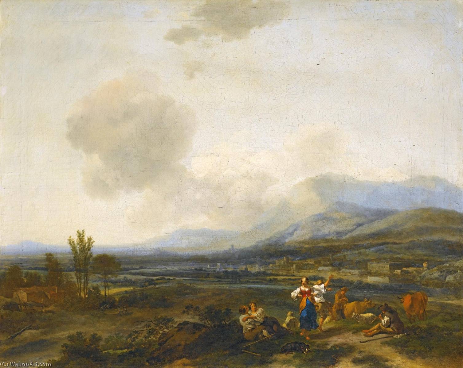 An Extensive Italianate River Landscape With Herders Dancing And Making Merry — Nicolaes Pietersz Berchem