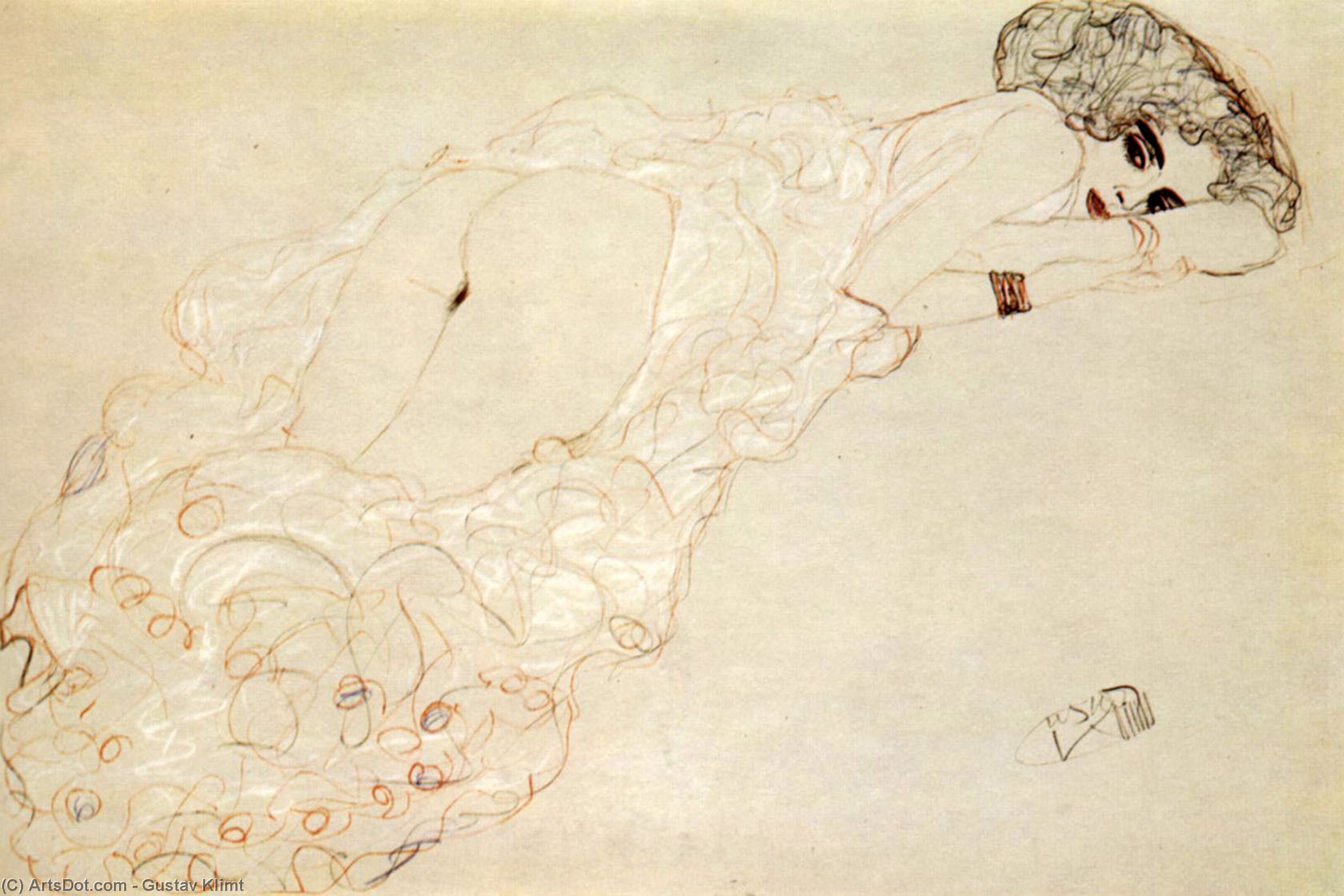Reclining Nude Lying On Her Stomach And Facing Right — Gustav Klimt