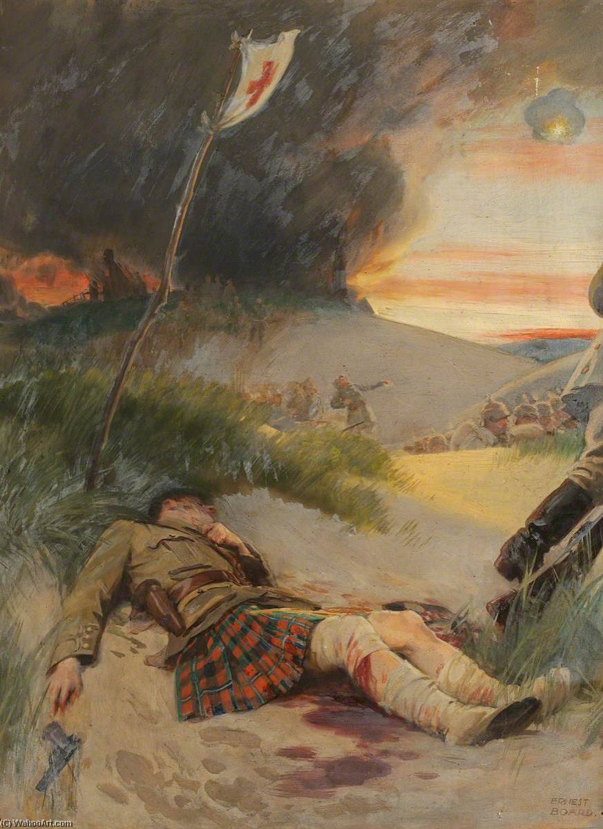 First World War A Scottish Soldier, Wearing The Kilt, Lying Wounded On A Battlefield — Ernest Board