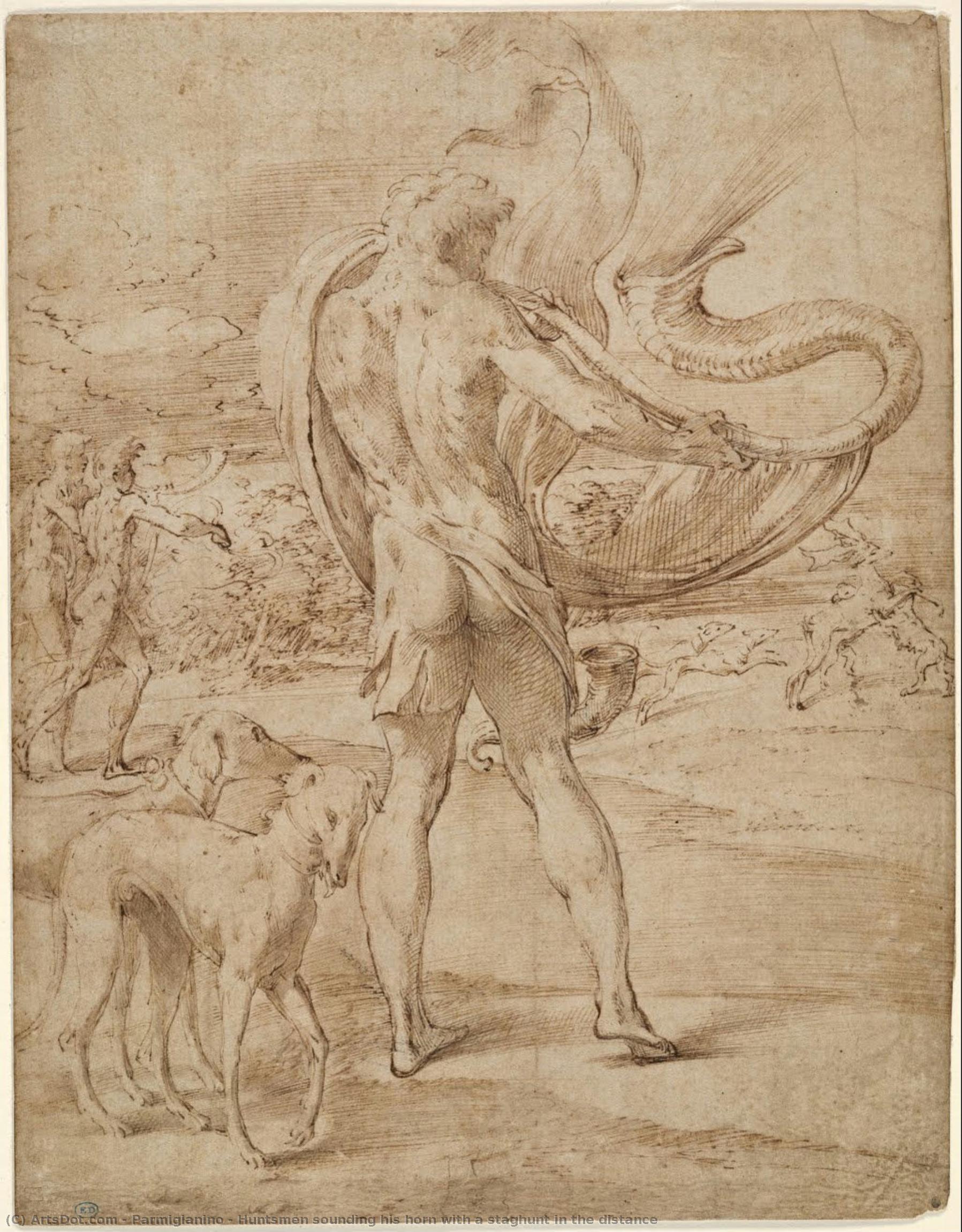 Huntsmen Sounding His Horn With A Staghunt In The Distance — Parmigianino
