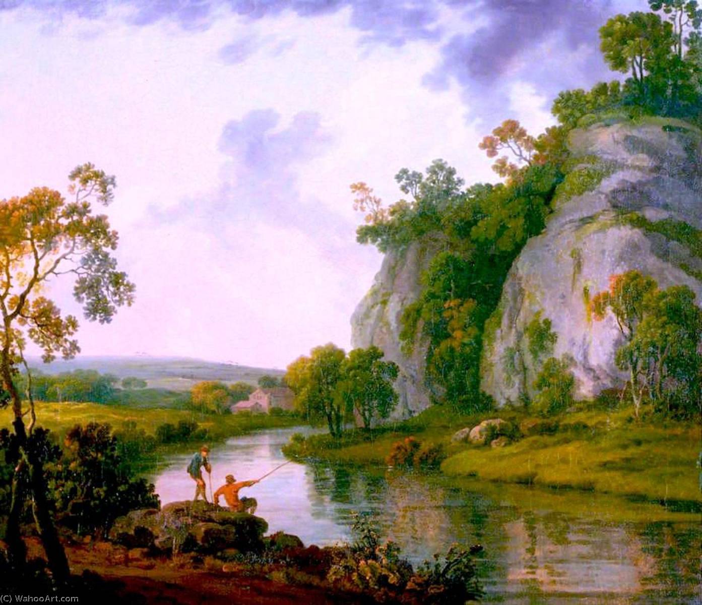 Landscape With Two Boys Fishing, Evening — George Barret The Elder
