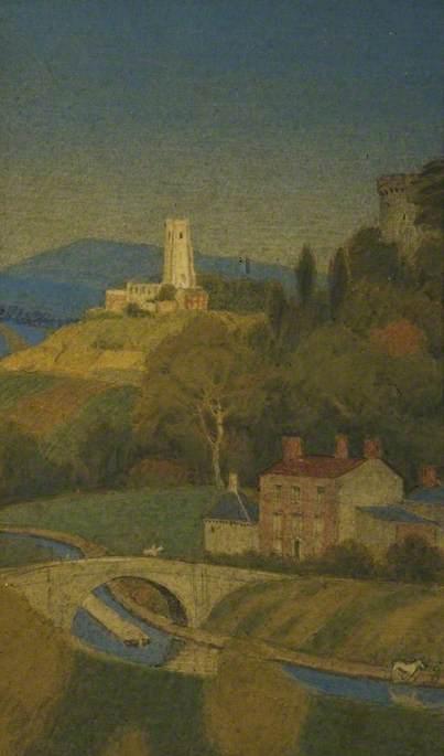 Landscape, Looking Down On A Valley With Distant Church And Canal — Joseph Edward Southall