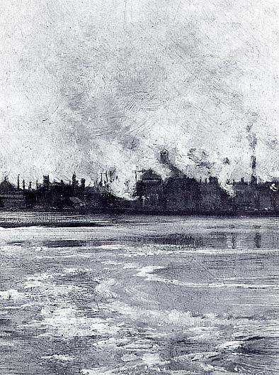 Hudson River In Winter, With Building On Bank, (painting) — Edward Emerson Simmons