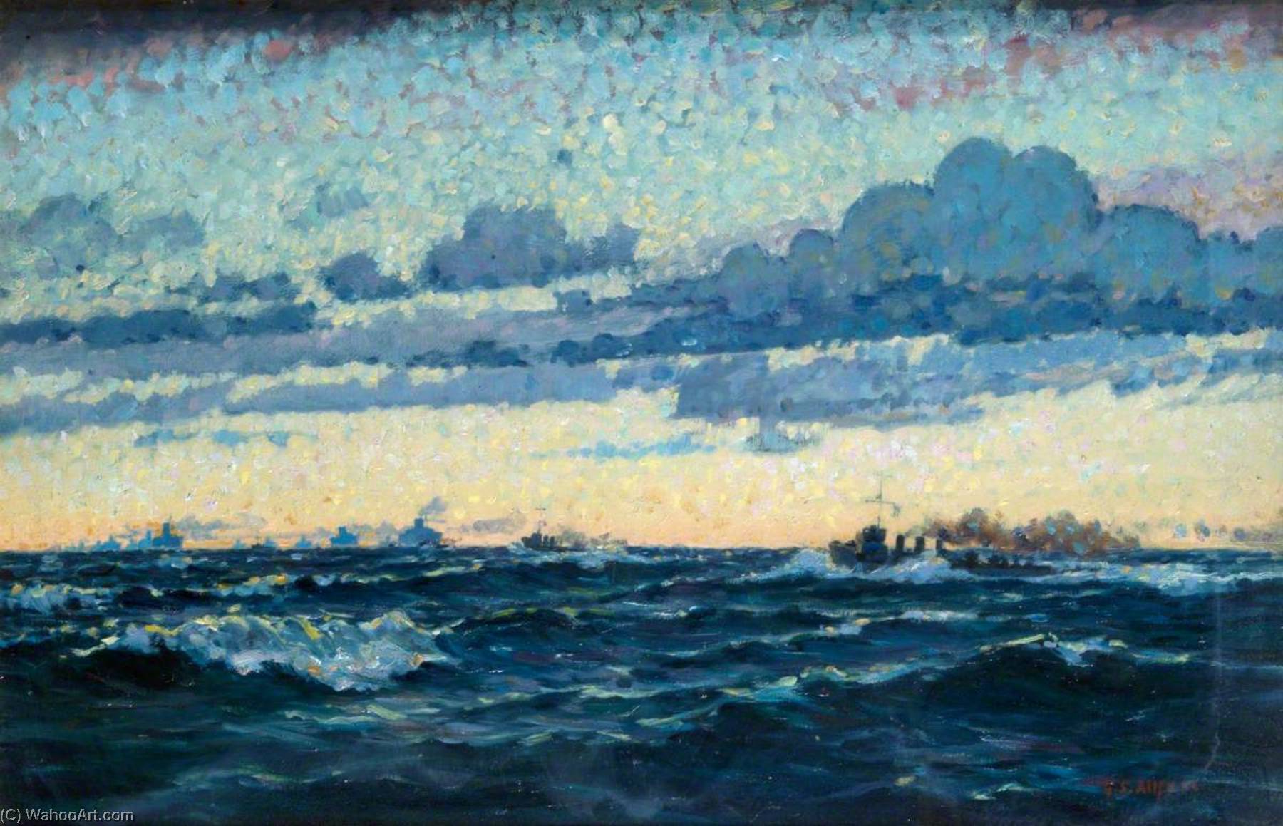 Seascape With Convoy And Evening Sky Effect — Geoffrey Stephen Allfree