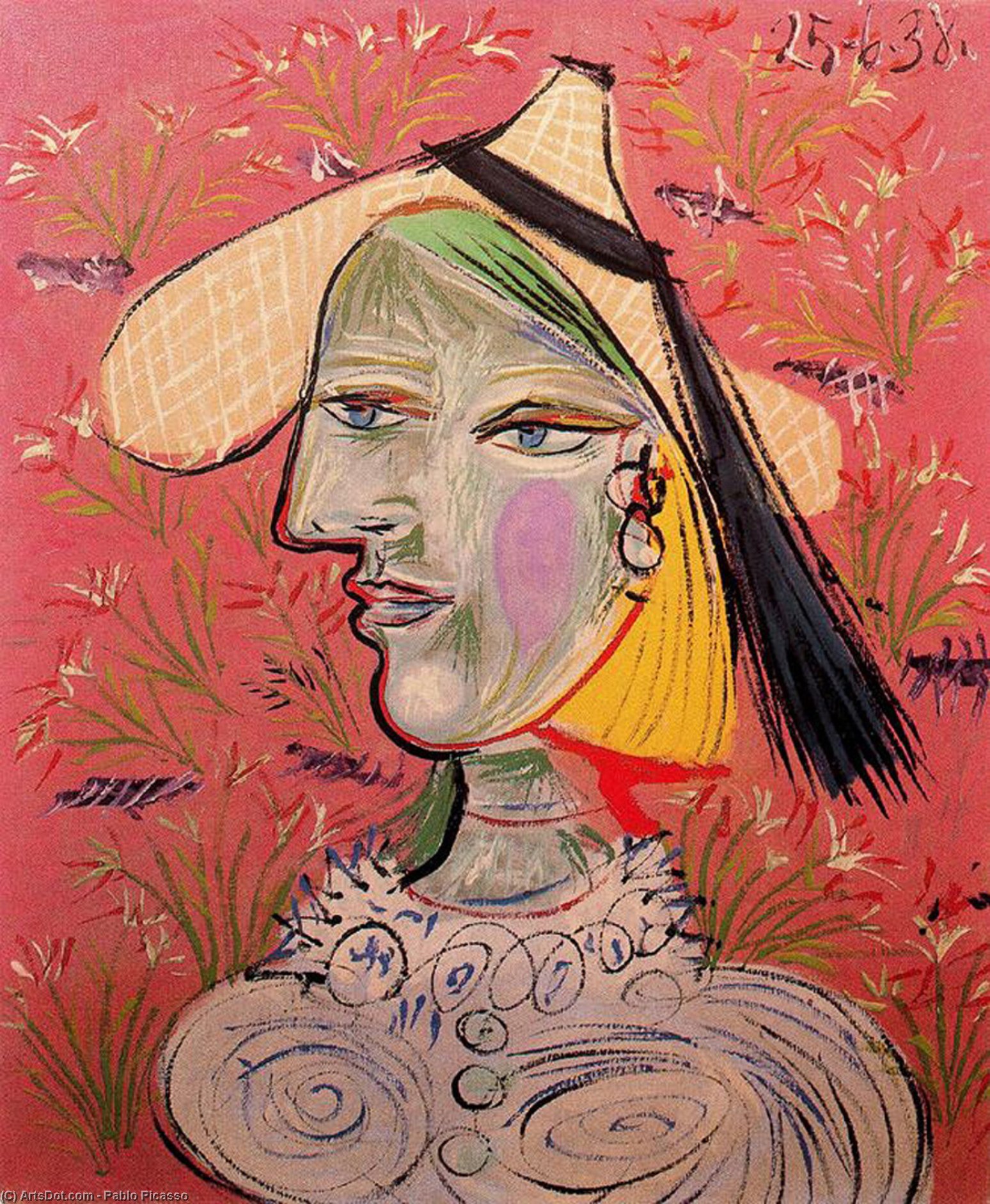 Woman With Straw Hat On Flowery Background — Pablo Picasso